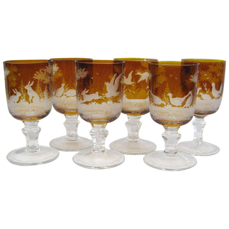 Set of 6 19th Century Amber Bohemian wine glasses