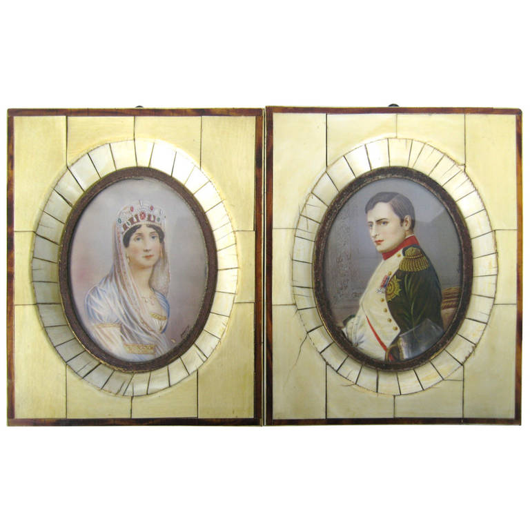 19 Century Pair of Miniatures of Napoleon and Josephine De La Roche